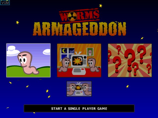 Title screen of the game Worms Armageddon on Sony Playstation