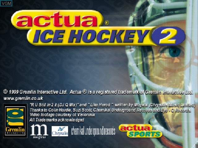 Title screen of the game Actua Ice Hockey 2 on Sony Playstation