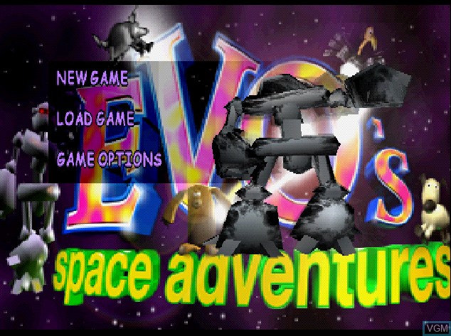 Title screen of the game Evo's Space Adventures on Sony Playstation