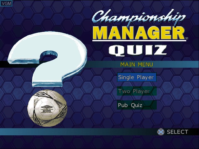 Title screen of the game Championship Manager Quiz on Sony Playstation
