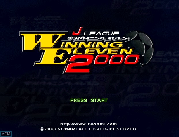 Title screen of the game J.League Jikkyou Winning Eleven 2000 on Sony Playstation