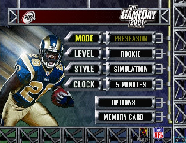 Title screen of the game NFL GameDay 2001 on Sony Playstation