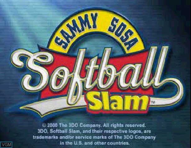 Title screen of the game Sammy Sosa Softball Slam on Sony Playstation