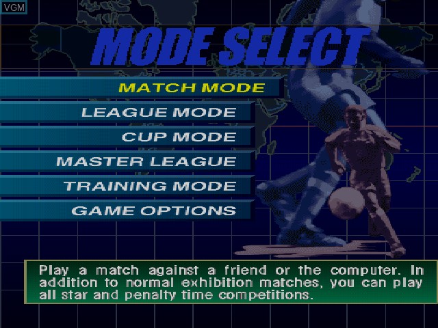 Menu screen of the game ISS Pro Evolution on Sony Playstation