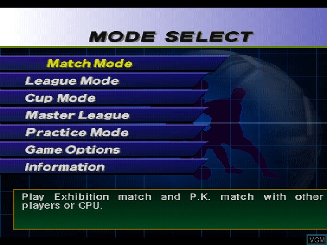 Menu screen of the game ISS Pro Evolution 2 on Sony Playstation