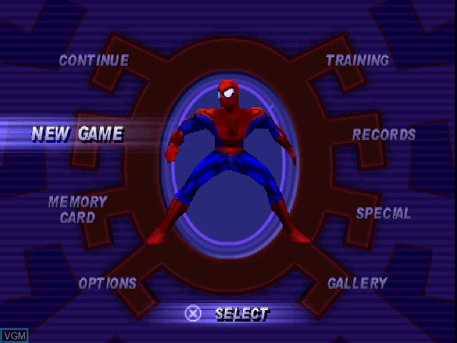 Menu screen of the game Spider-Man on Sony Playstation