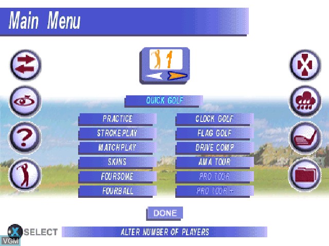 Menu screen of the game Actua Golf 3 on Sony Playstation