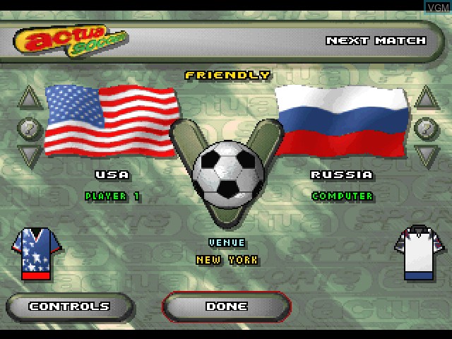 Menu screen of the game Actua Soccer on Sony Playstation