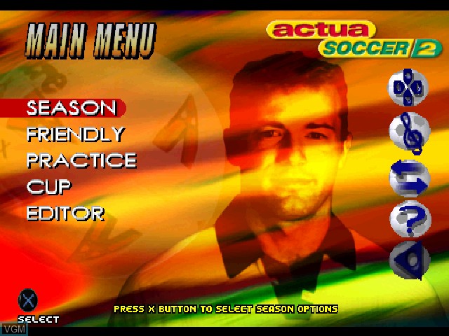 Menu screen of the game Actua Soccer 2 on Sony Playstation