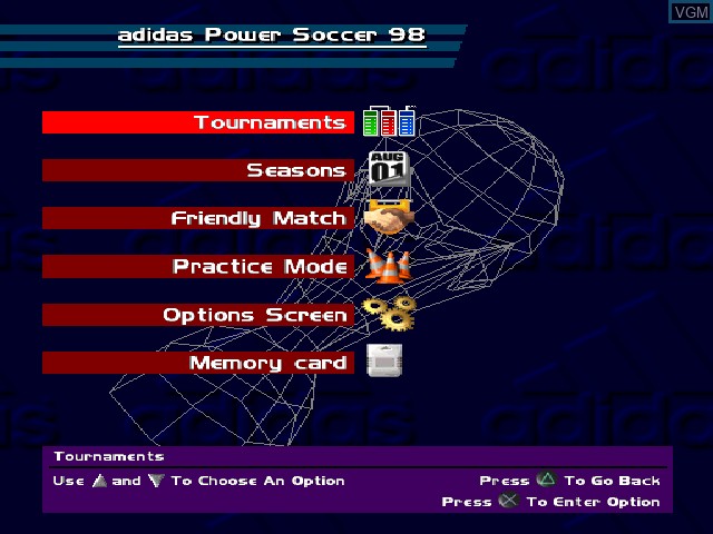 Menu screen of the game Adidas Power Soccer 98 on Sony Playstation