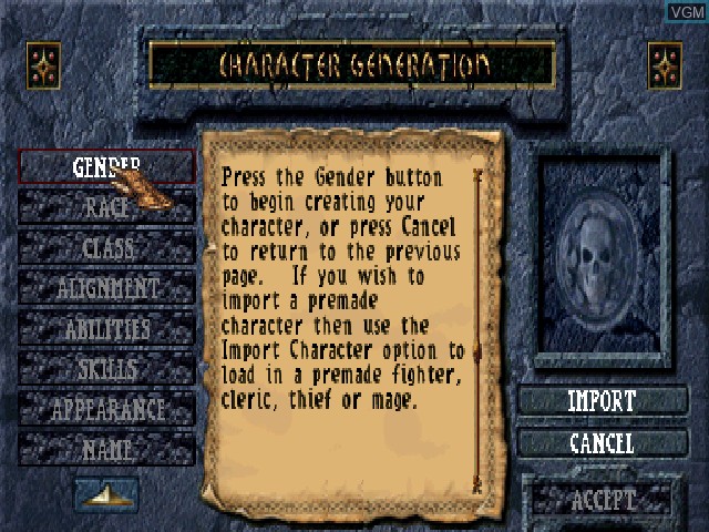 Menu screen of the game Baldur's Gate on Sony Playstation