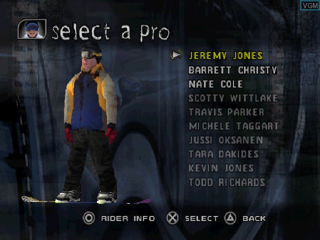 Menu screen of the game Cool Boarders 2001 on Sony Playstation