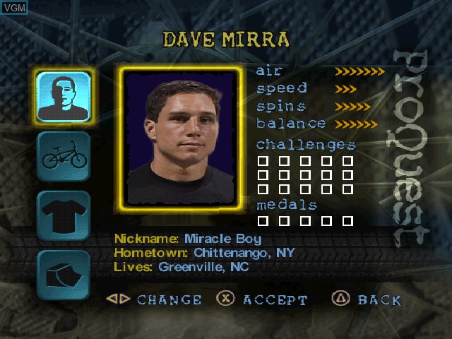Menu screen of the game Dave Mirra Freestyle BMX - Maximum Remix on Sony Playstation