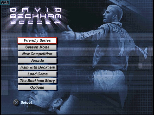 Menu screen of the game David Beckham Soccer on Sony Playstation