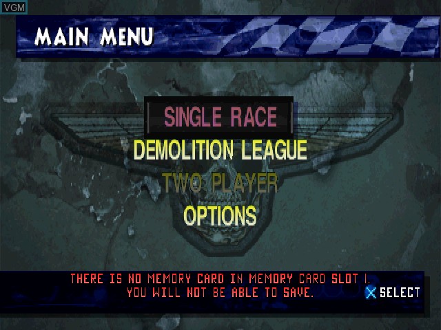 Menu screen of the game Demolition Racer on Sony Playstation