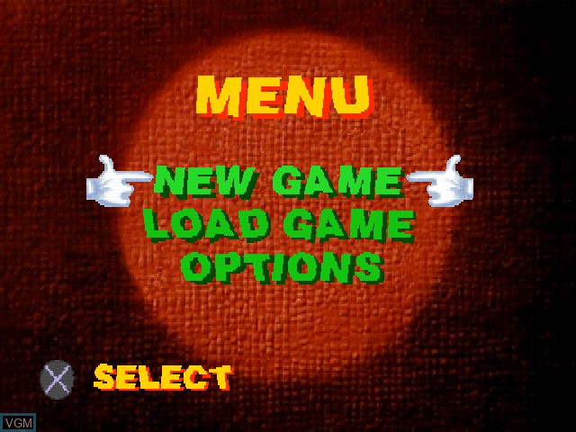 Menu screen of the game Goofy's Fun House on Sony Playstation