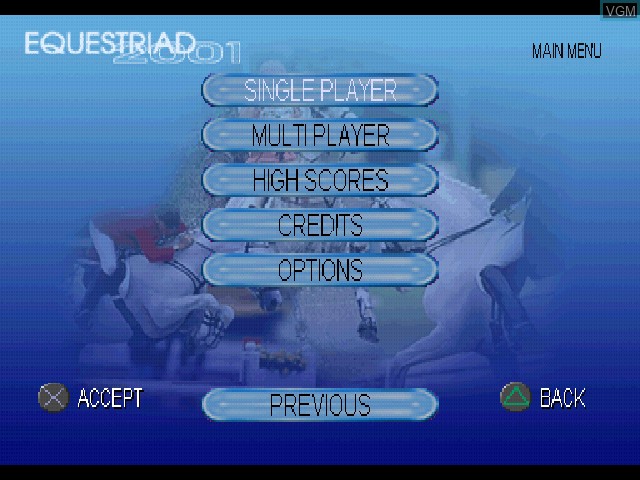 Menu screen of the game Equestriad 2001 on Sony Playstation