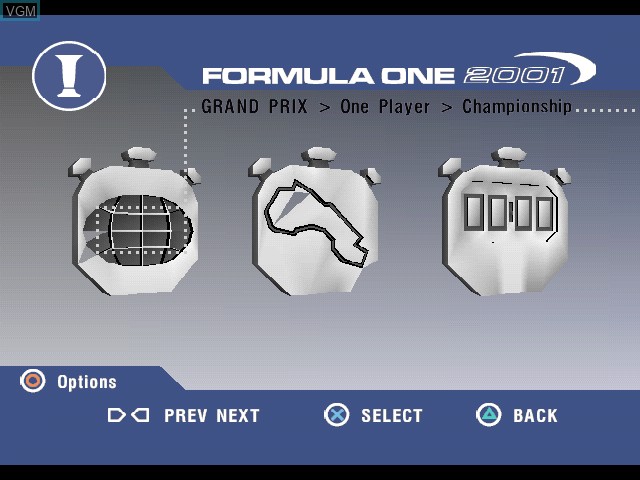 Menu screen of the game Formula One 2001 on Sony Playstation
