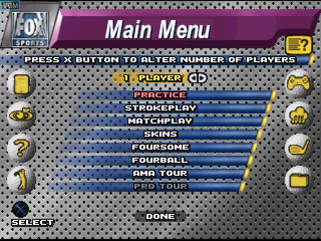 Menu screen of the game Fox Sports Golf '99 on Sony Playstation