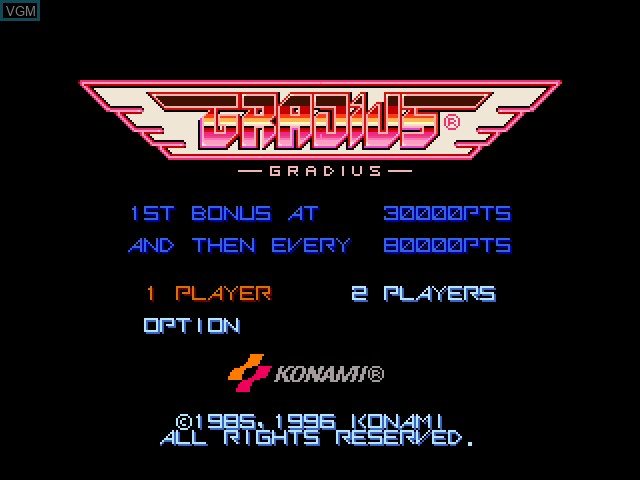 Menu screen of the game Gradius Deluxe Pack on Sony Playstation