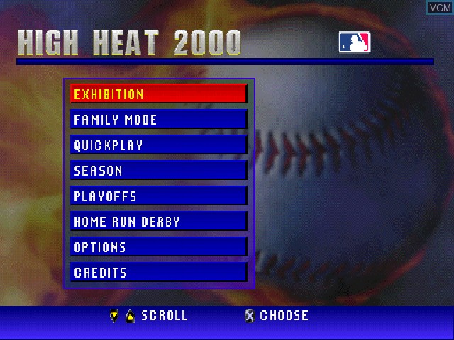 Menu screen of the game High Heat Baseball 2000 on Sony Playstation