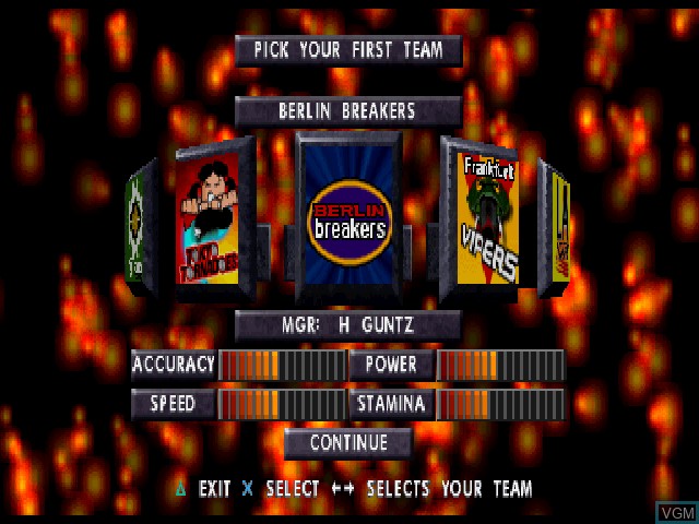Menu screen of the game Professional Underground League of Pain on Sony Playstation