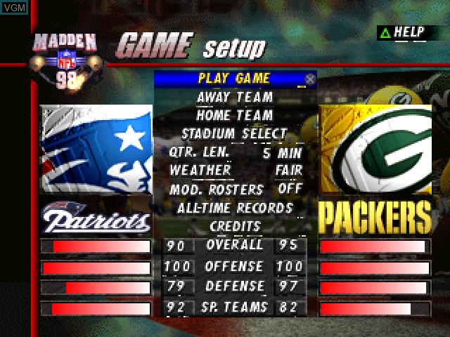 Menu screen of the game Madden NFL 98 on Sony Playstation