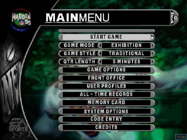 Menu screen of the game Madden NFL 99 on Sony Playstation