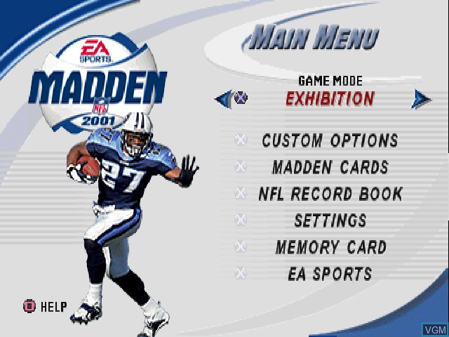 Menu screen of the game Madden NFL 2001 on Sony Playstation