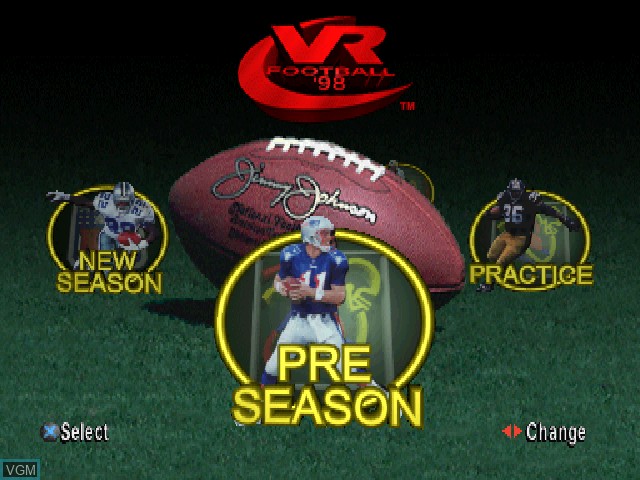 Menu screen of the game Jimmy Johnson's VR Football '98 on Sony Playstation