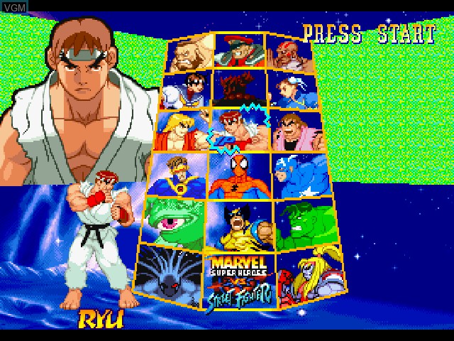 Menu screen of the game Marvel Super Heroes vs. Street Fighter on Sony Playstation