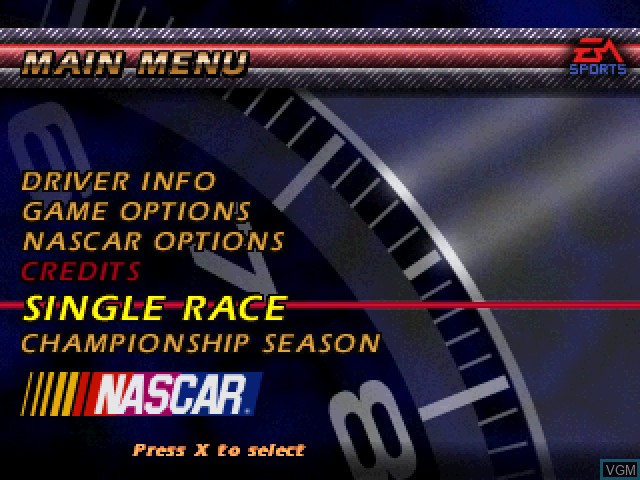 Menu screen of the game NASCAR 99 - Legacy on Sony Playstation