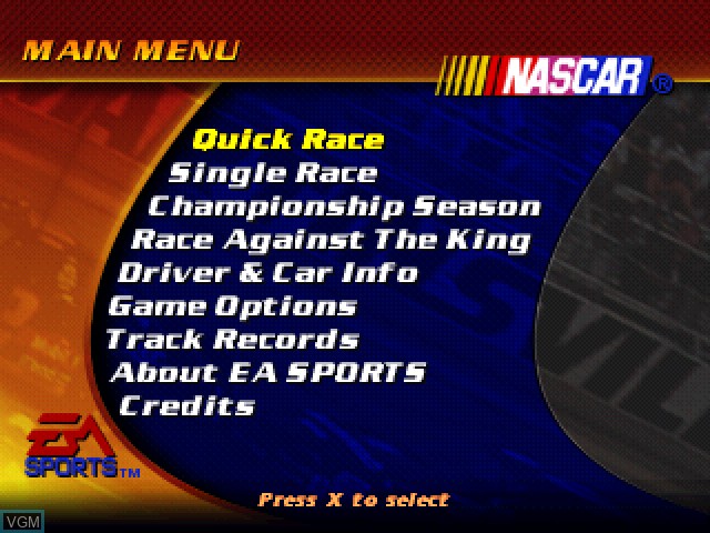 Menu screen of the game NASCAR 2000 on Sony Playstation