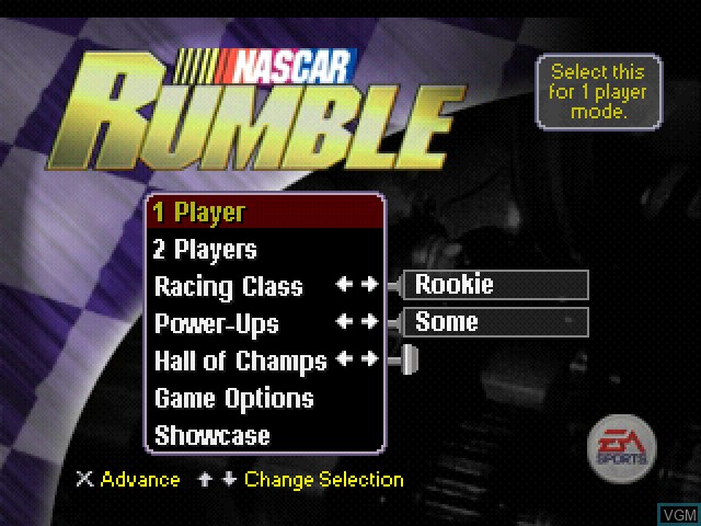 Menu screen of the game NASCAR Rumble on Sony Playstation