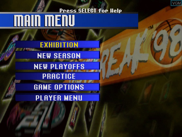 Menu screen of the game NBA Fastbreak '98 on Sony Playstation