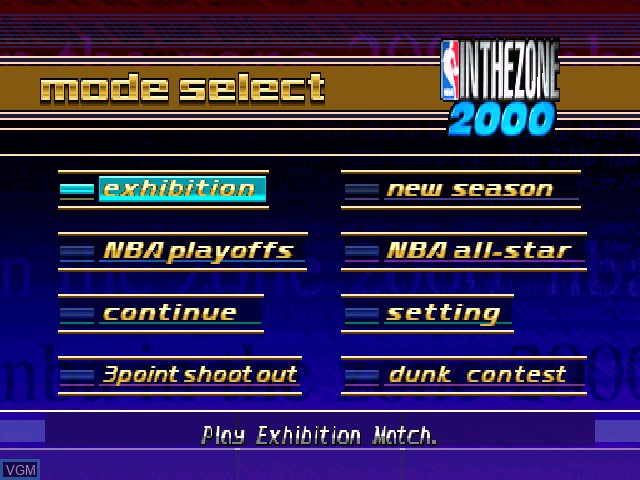 Menu screen of the game NBA In The Zone 2000 on Sony Playstation