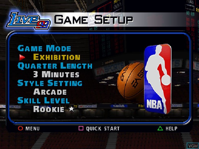 Menu screen of the game NBA Live 99 on Sony Playstation