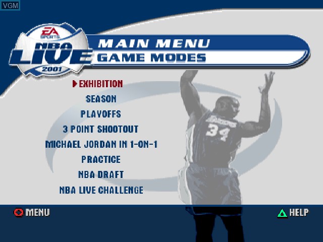 Menu screen of the game NBA Live 2001 on Sony Playstation