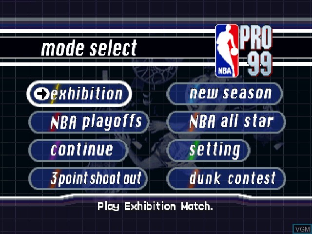 Menu screen of the game NBA Pro 99 on Sony Playstation