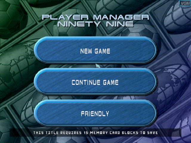 Menu screen of the game Player Manager Ninety Nine on Sony Playstation