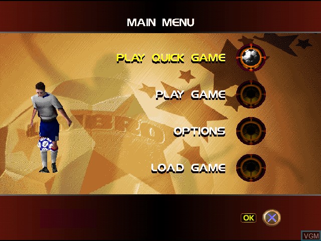 Menu screen of the game Michael Owen's World League Soccer 99 on Sony Playstation