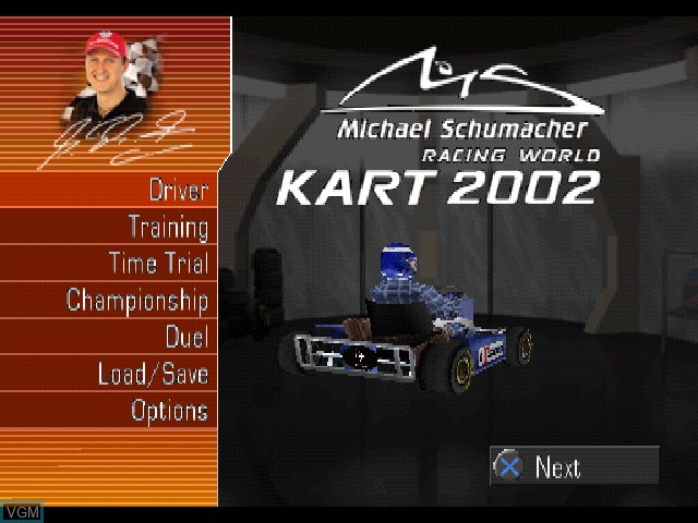 Menu screen of the game Michael Schumacher Racing World Kart 2002 on Sony Playstation