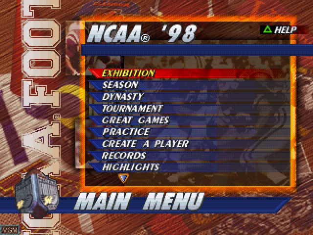 Menu screen of the game NCAA Football 98 on Sony Playstation