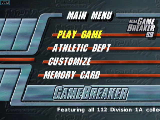 Menu screen of the game NCAA GameBreaker 99 on Sony Playstation