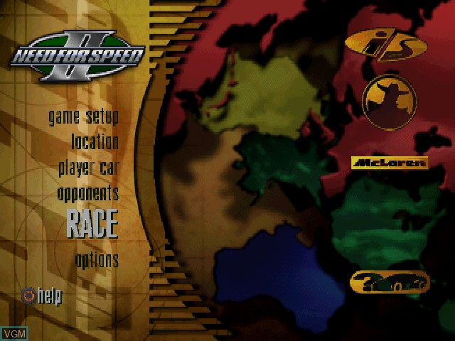 Menu screen of the game Need for Speed II on Sony Playstation