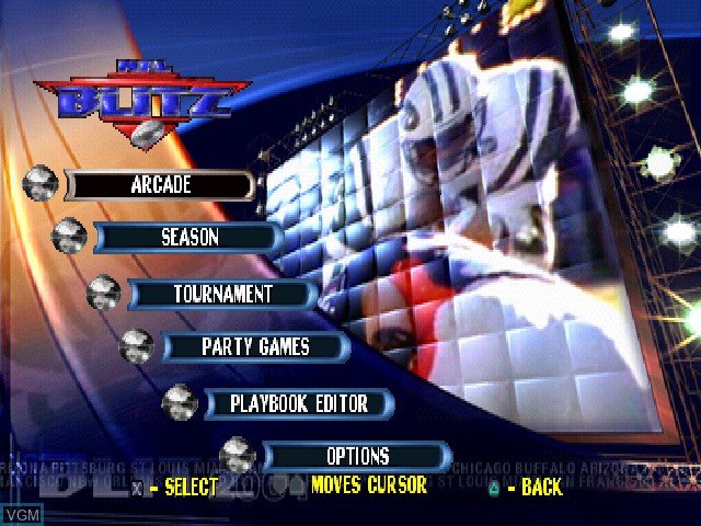 Menu screen of the game NFL Blitz 2001 on Sony Playstation