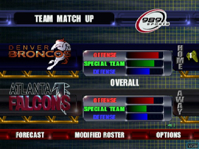Menu screen of the game NFL GameDay 2000 on Sony Playstation