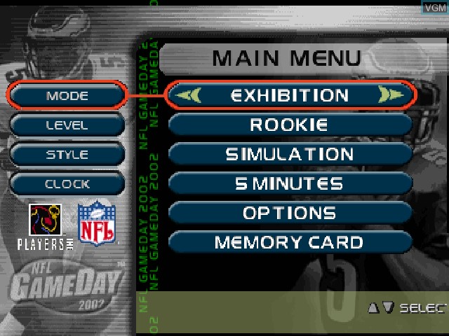 Menu screen of the game NFL GameDay 2002 on Sony Playstation