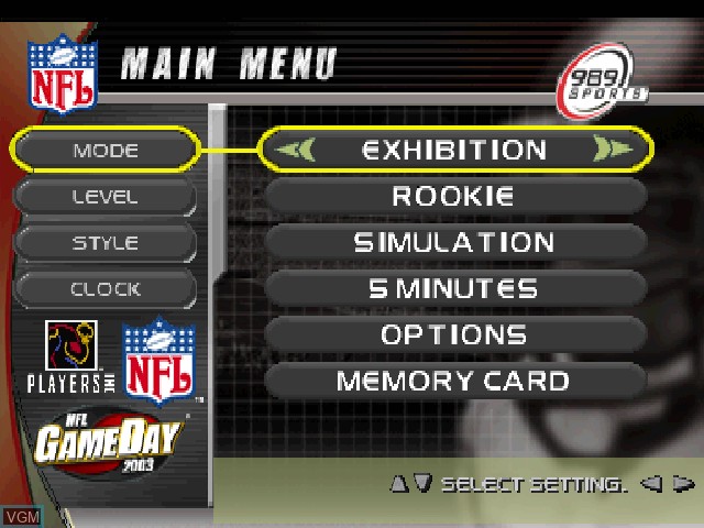 Menu screen of the game NFL GameDay 2003 on Sony Playstation