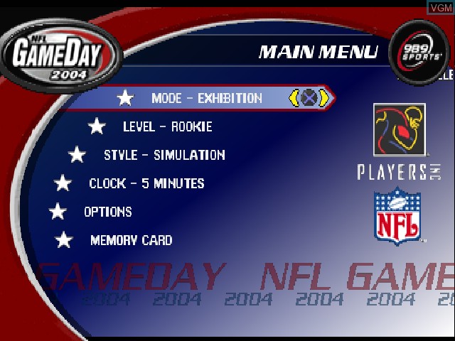 Menu screen of the game NFL GameDay 2004 on Sony Playstation